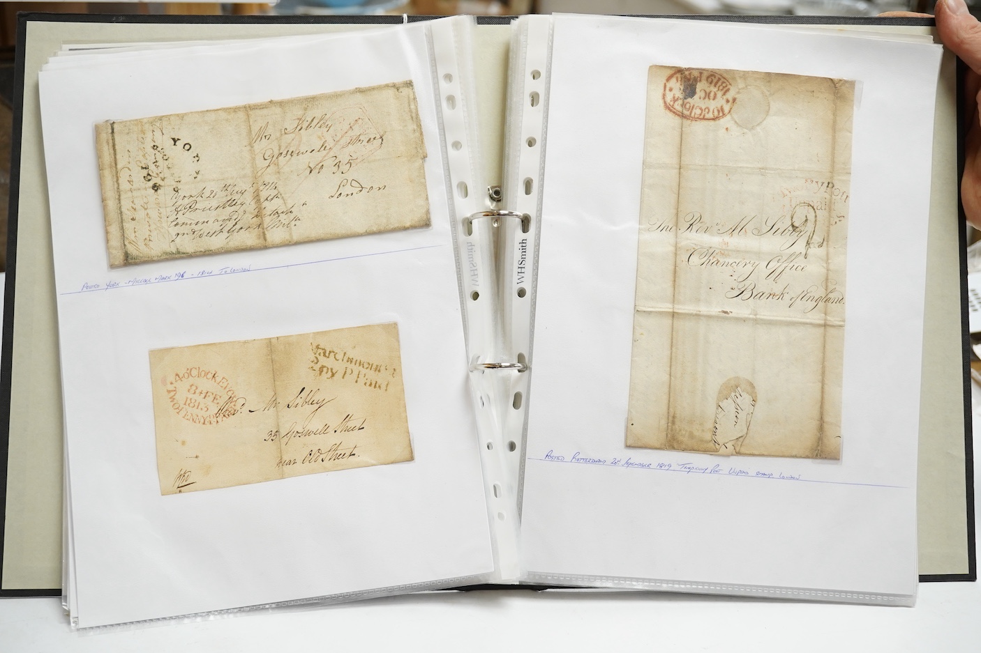 A collection of fifty early nineteenth century Georgian and Victorian franked postal covers, Victoria pre-paid ‘letter cards’ and post cards, railway Dividend Statement, Registered Letters, Fire Office statements, letter